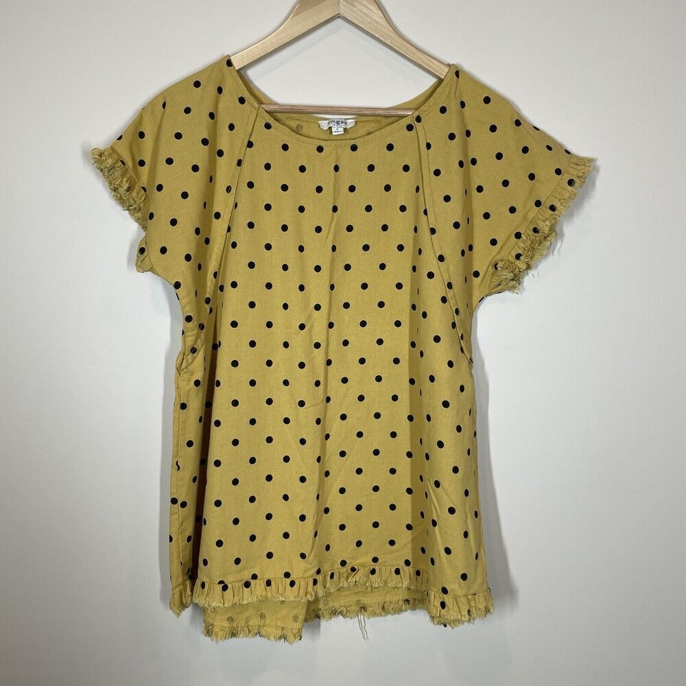 Umgee Linen Blend Polka Dot Blouse‎ Top Fringe Hem Round Neck Mustard Yellow